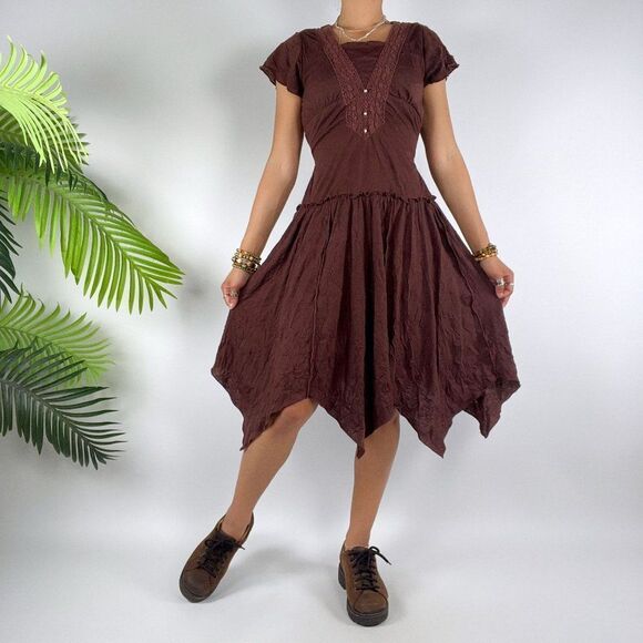 Vintage Y2K Brown Fairy Grunge Bohemian Short Sleeve Hippie Midi Dress / S - Picture 5 of 7